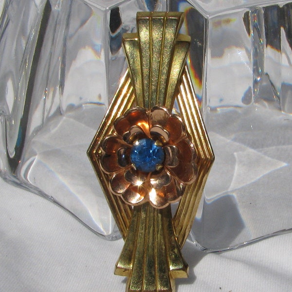 Dynamic Vintage Harry Iskin Hallmarked Floral Ladies Gold Filled Brooch, Rose & Yellow Gold Toned Metal, Blue Rhinestone Center, 1940's