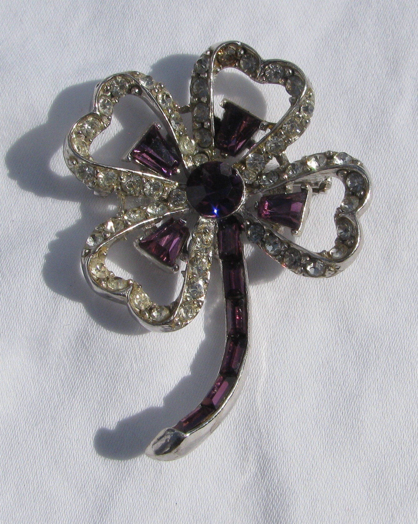 Stunning Vintage Amethyst Purple & Clear Rhinestone Shamrock