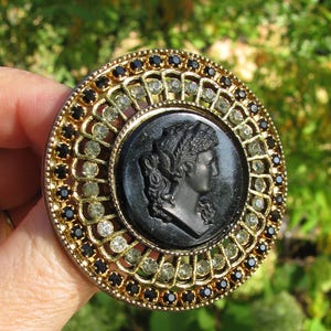 Unique Vintage Costume Faux Jet Black Cameo Brooch Pendant Combo, Black & Clear Rhinestone Border, Gold Tone 1970&#39;s Retro, 2.5&quot; Accessory