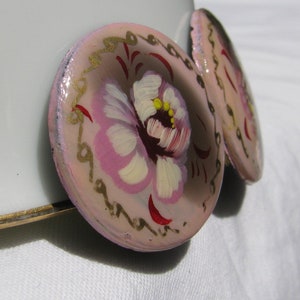 Vintage Extra Special Hand Painted Lady&#39;s Earrings, Pink Floral, 7/8&quot; Buttons, 1950&#39;s Era, Unique Folded Metal Clip Back, Unique & Beautiful