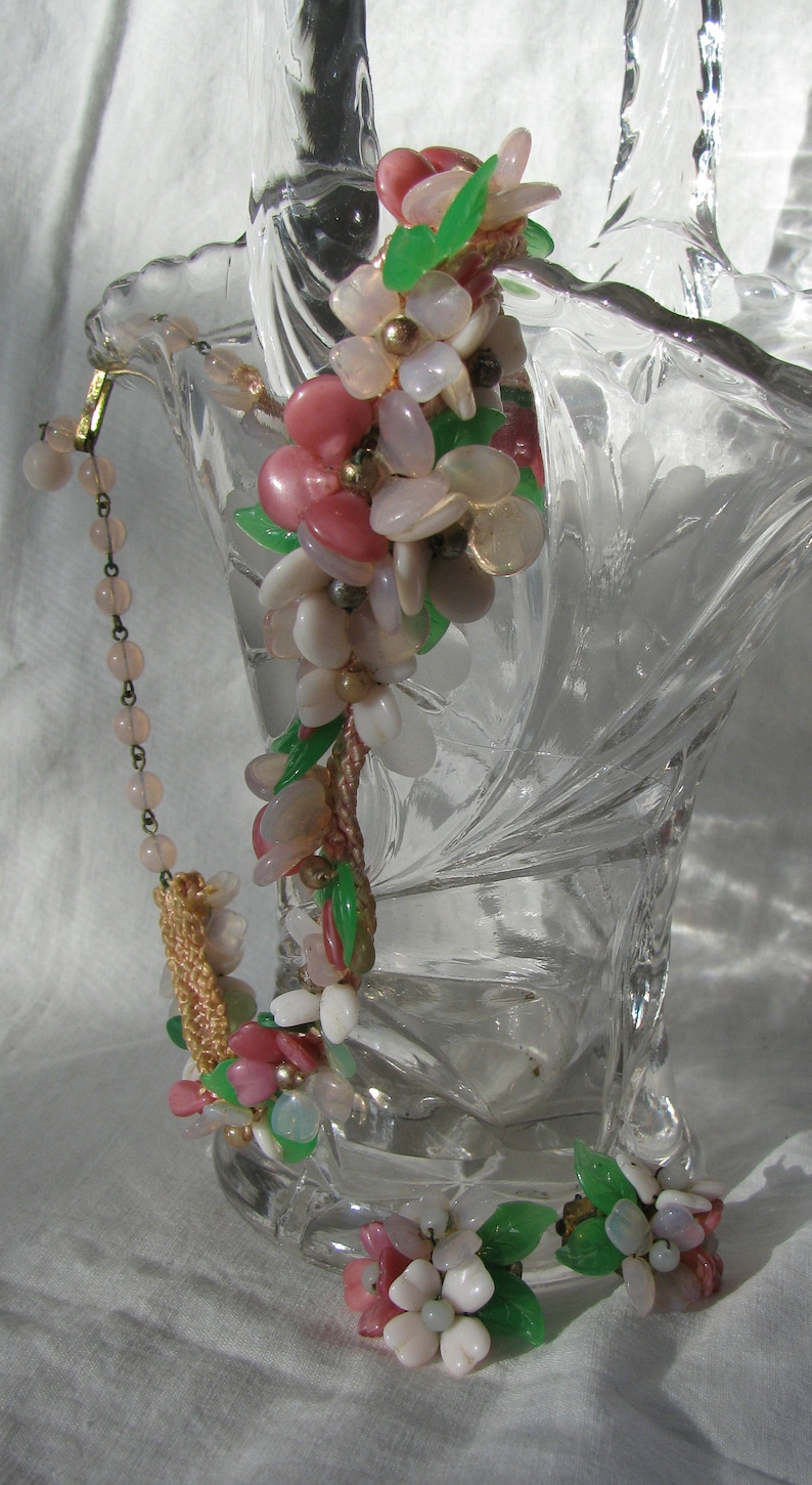 West Germany Made Vintage and Sweet Pastel Plastic Flower Demi Parure 16 Choker Adjustable Necklace and Clip Earrings 1940/'s Delicate