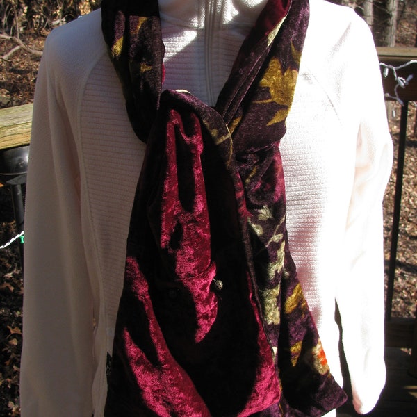 Vintage ETRO Milano Italy Vintage Lady's Scarf, Burgundy Velour & Deep Purple Floral, 71" by 8", 1980's, End Pockets w Brass Cage Buttons