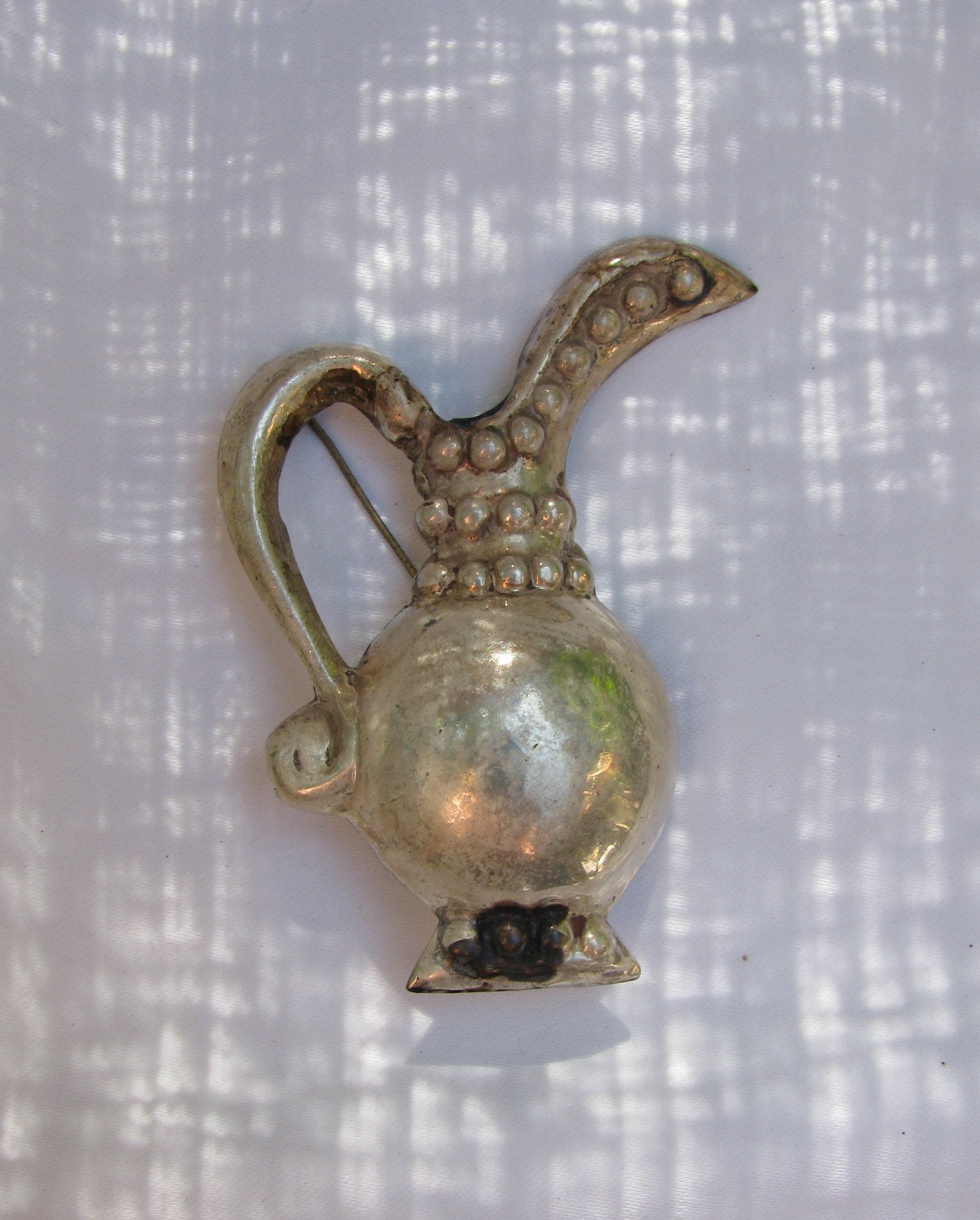 Vintage Mid Century Mexico Silver Water Pitcher, Pebbled Ewer Brooch, 1950's, Southwestern, Patina, 2 & 3/4", South of the Border