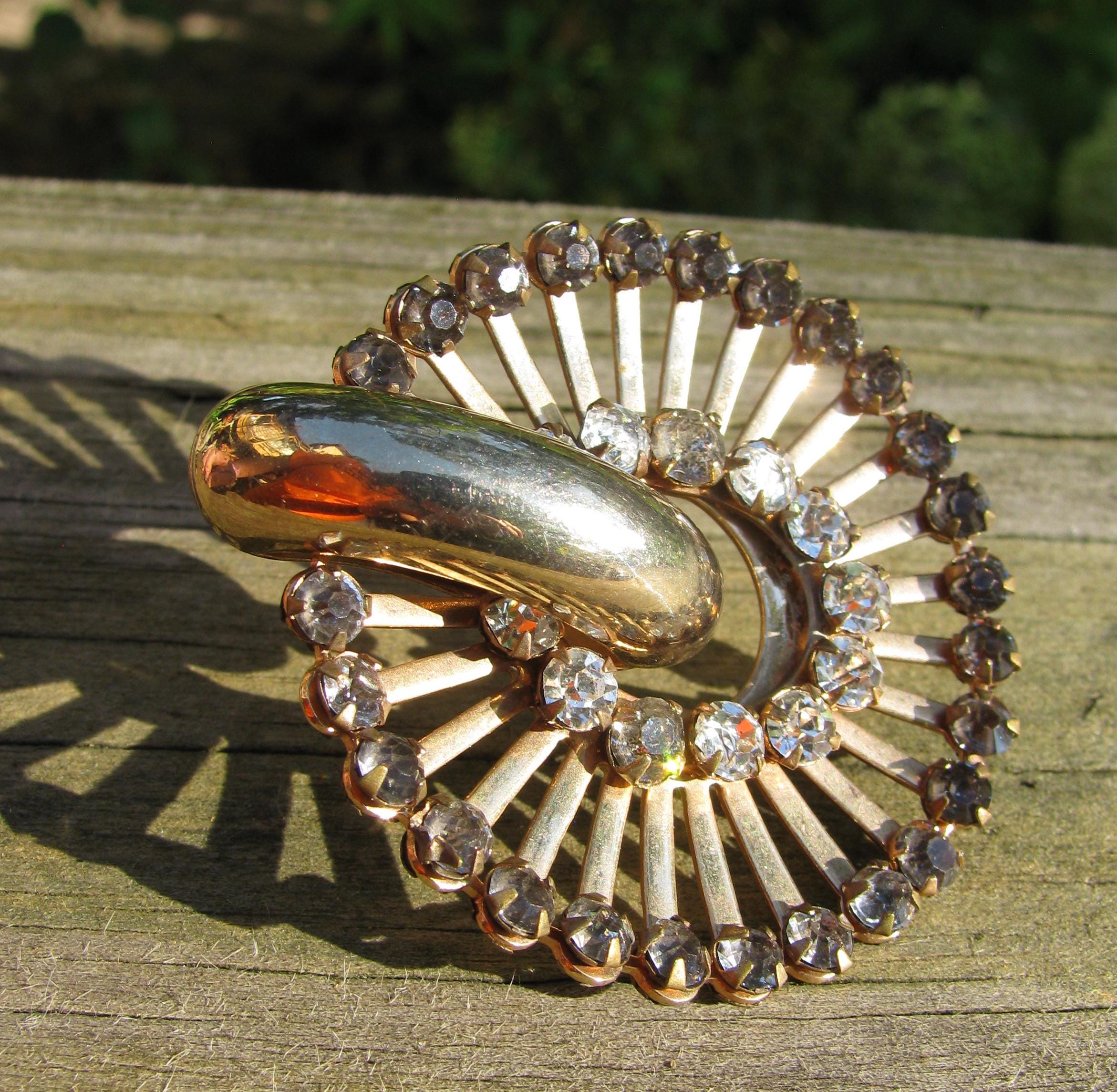Unusual Sun Dial Style 1950's Gold Tone Open Grid Rhinestone Circle ...