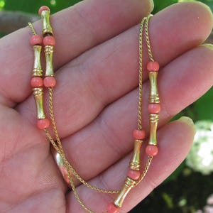 Strikingly Sleek Retro 1980&#39;s MONET Charm Tagged 32&quot; Faux Coral Bead and Link Single Strand Necklace, Vintage Fashion Lady&#39;s Jewelry