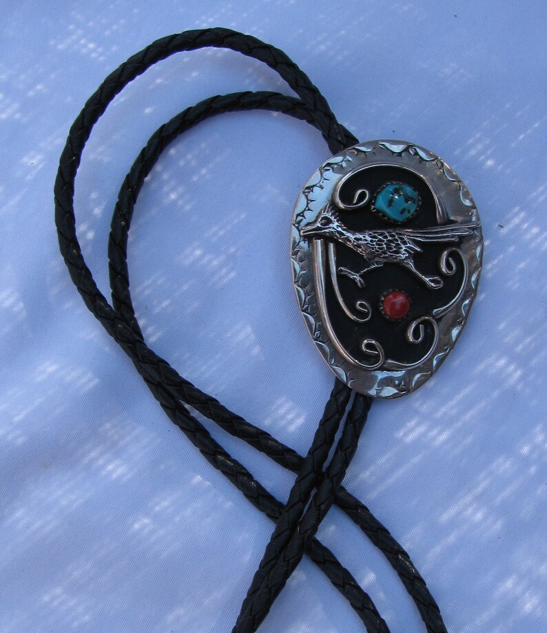 Roadrunner Bird Magnificent Native American Men/'s Bolo Tie Turquoise and Coral Vintage Unsigned Artisan Crafted Symbol of Protection