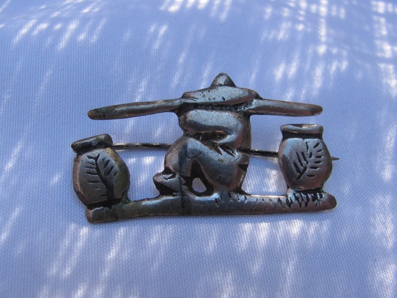 Cowdogger Fantastic Vintage Sleeping Mexican Sterling Silver Brooch. Large Sombrero, Yoke with 2 Pots, Resting Laborer, 1950's