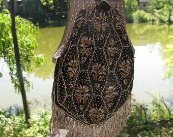 Antique Made In France Art Deco Handbag, Purse, Black w/ Steel Beaded Fringe, Unique Shaped Top Frame, Attached Mirror, Chain Strap, 1920's