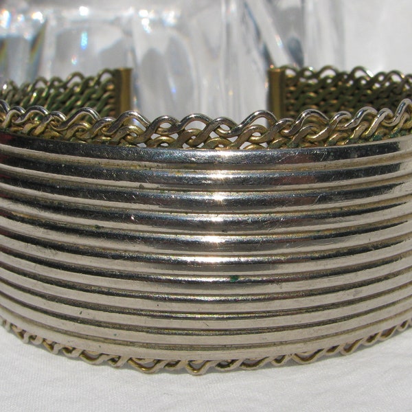 Late 1950's "VOLUPTE" Signed Cartouche Silver Ribbed 1.25" Wide Cuff Bracelet, Wire Scrolled Border, Gold Mesh Interior