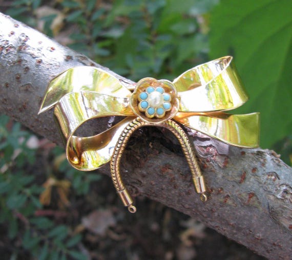 Vintage 1950's CORO Signed BIG Gold Ribbon Bow Br… - image 10