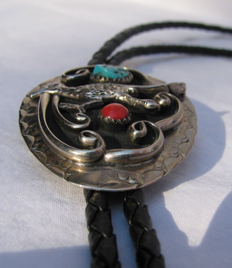 Roadrunner Bird Magnificent Native American Men/'s Bolo Tie Turquoise and Coral Vintage Unsigned Artisan Crafted Symbol of Protection