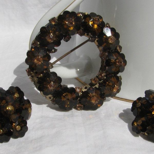 Unique Vintage Brown Crystal Beaded Demi Parure, Flower Shaped Crystals, Circle Brooch & Matching Cluster Clip Earrings, 1960's Lady's Set