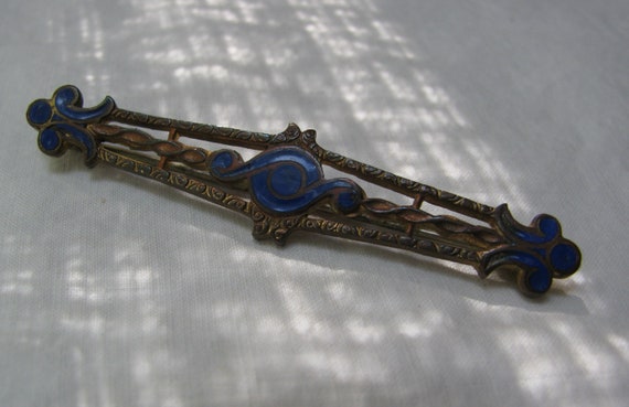 Gorgeous Antique Royal Blue Enameled Brass Openwo… - image 9