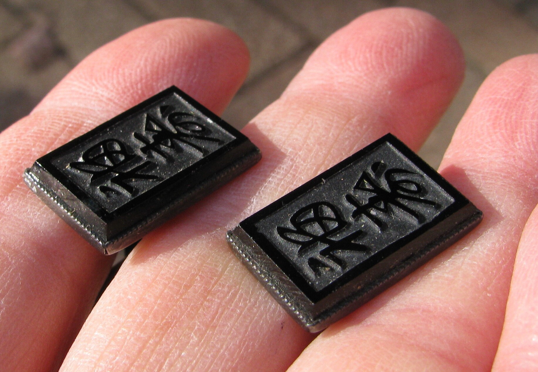 Vintage Men's Asian Carved Script Black Jet or Onyx Silver