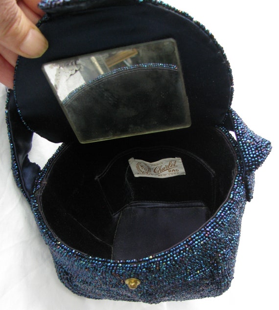 1940's K & G  Charlet Metallic Blue Beaded Bucket… - image 4