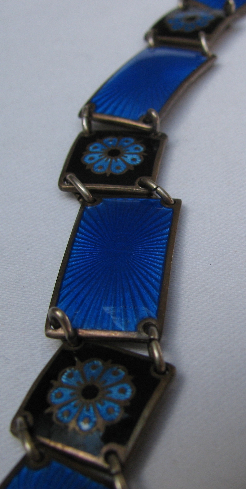 Flower wBlack Background Astounding 1940/'s DAVID ANDERSEN Hallmarked Cobalt Blue Guilloch\u00e9 Enameled Sterling Silver Panel Bracelet Norway