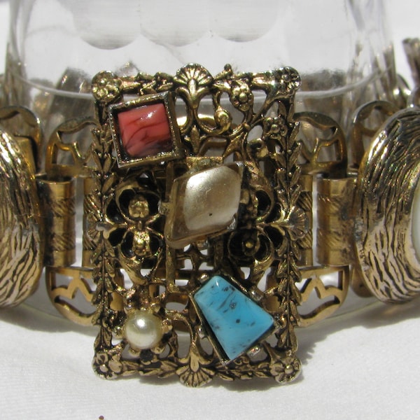 Spectacular Gold Toned Retro Art Nouveau Inspired 1" Wide Panel Bracelet, Faux Turquoise, Coral, MOP, Etched Filigree, Rolled Metal, 1970'S