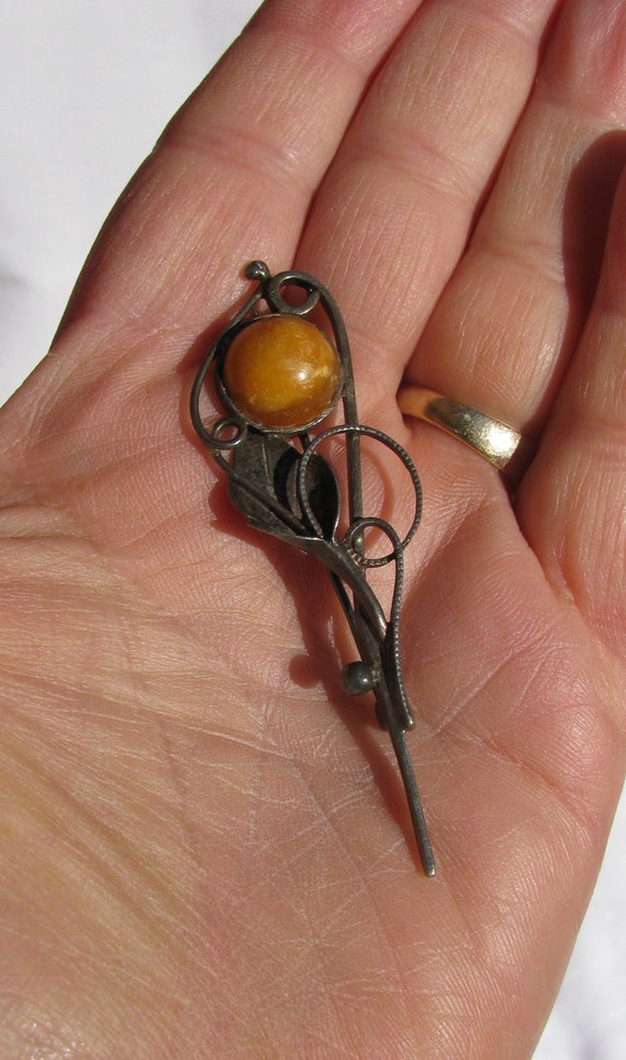 Antique Unmarked Baltic Amber (?) and Silver Flor… - image 6