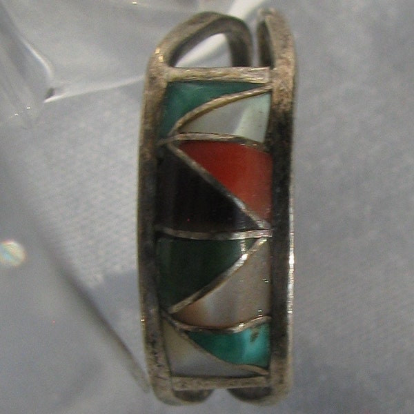 Highly Unique Artisan Hand Crafted Zuni Stone Inlay Silver Ring, Signed GMT, Turquoise, Coral, MOP, Onyx, Size 6.25, Convex Face, Vintage