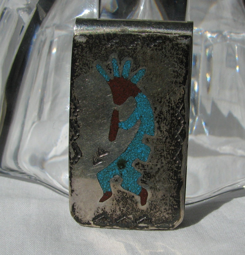 Vintage Native American Artisan Crafted Kokopelli Crushed Blue Turquoise /& Red Coral Inlay Sterling Silver Money Clip Signed B