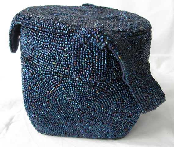 1940's K & G  Charlet Metallic Blue Beaded Bucket… - image 6