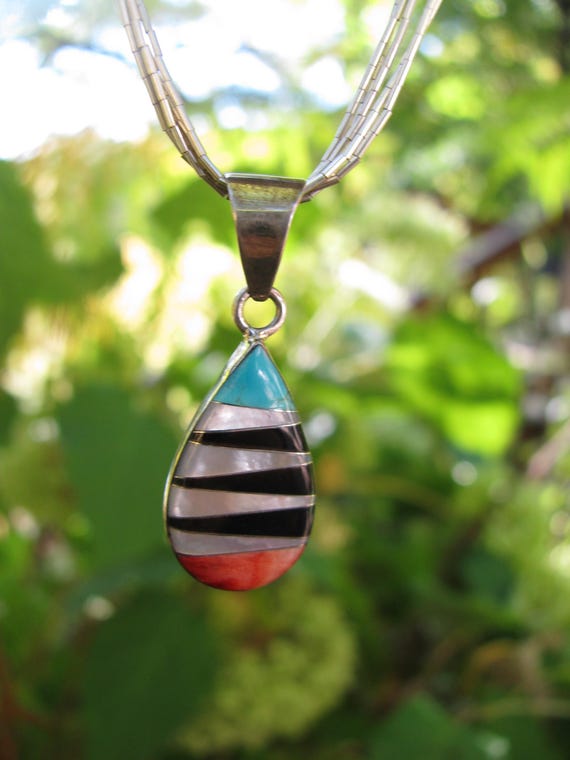 Artisan Crafted Zuni Gemstone Inlay Sterling Silver Teardrop