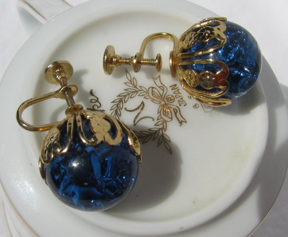 Fantastic Vintage Royal Blue Crackle Glass Ball L… - image 1
