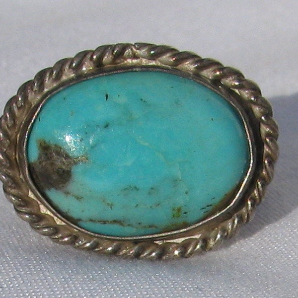 Unique and Beautiful Reverse Oval Mount Blue Turquoise Sterling Silver Ring, Vintage 1950's, Rolled Rope Bordered, Size 8, Southwestern