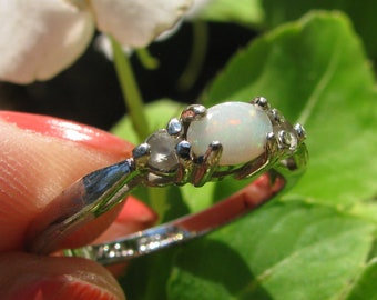 Beautiful Vintage AVON Hallmarked Opal and Rhinestone Sterling Silver Lady s Ring Size 9 Thin Banded Attractive Retro Accessory
