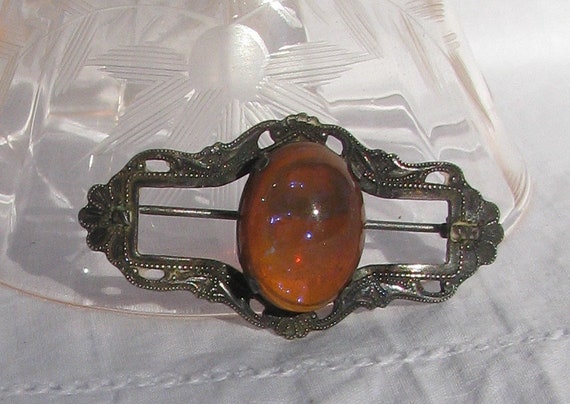 Amazing Vintage Fire Opalescent Glass Sterling Si… - image 1