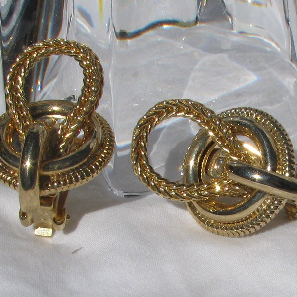 Stunning Vintage "Hobé" Signed Gold Toned Braided Openwork 1.25" Clip Back Earrings, Comfort Rollers, Bright Yellow Toned Elegance, 1960's