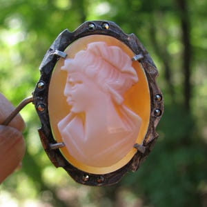 May include: A cameo brooch featuring a carved shell cameo of a woman's profile, set in a silver tone metal frame with black marcasite stones.
