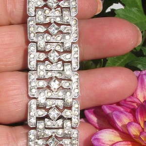 Remarkable Antique Art Deco Crystal Rhinestone Rhodium Plated Lady's Bracelet, Unknown Maker, Faint Number, Safety Chain, Vintage Jewelry
