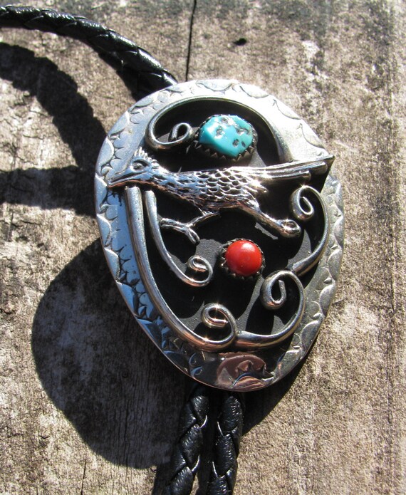 Roadrunner Bird Magnificent Native American Men/'s Bolo Tie Turquoise and Coral Vintage Unsigned Artisan Crafted Symbol of Protection