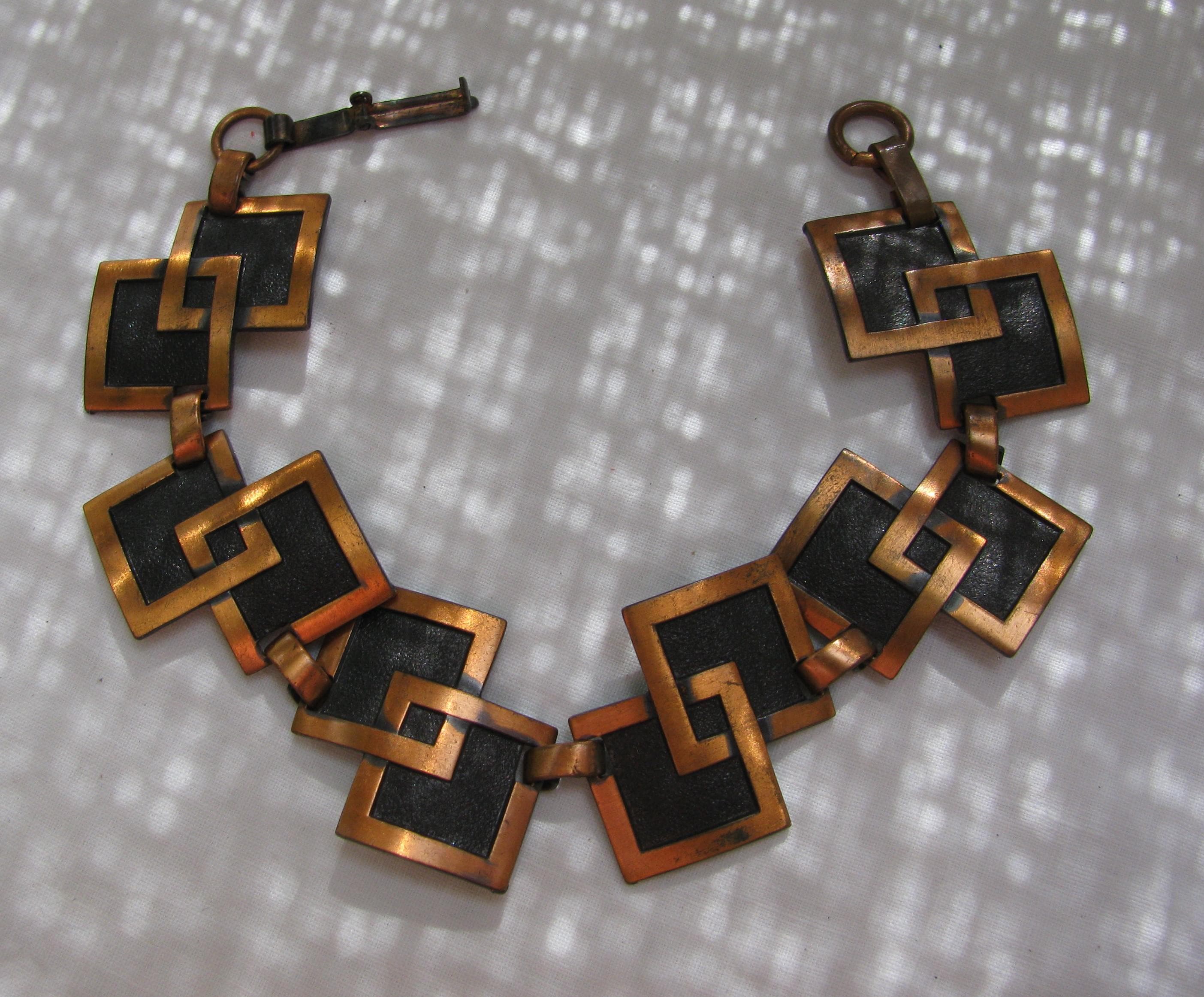 Mid Century Modern Copper Geometric Panel Lady's Bracelet, Double