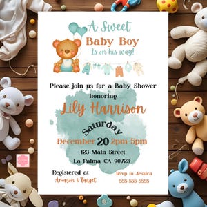 Teddy Bear Baby Shower Invitation: Blue Balloon, Editable Canva Template (Digital Download)