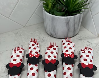 Minnie Mouse Tableware Set: Polka Dot Napkin, Red Cutlery, Napkin Ring