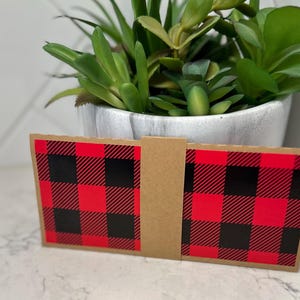 May include: A red and black buffalo plaid design on a folded cardboard item. The item is in front of a white pot with a green plant. The plaid pattern is a classic design.
