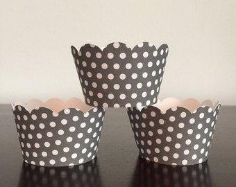 Gray Polka Dot Cupcake Wrappers: Scalloped Party Decor (Set of 12)