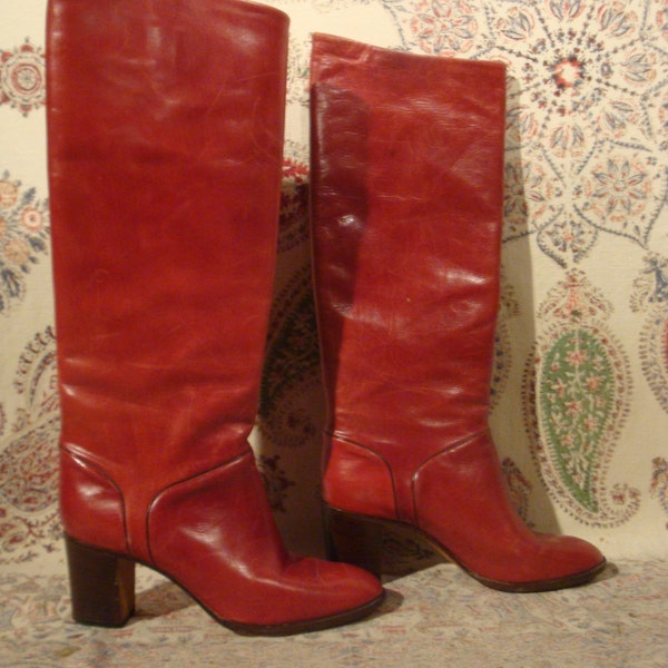Vero Cuoio 70s oxblood knee high glossy leather boots 38 7.5 7 1/2