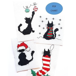 Chat noir Noël moderne point de croix Téléchargement numérique instantané au format PDF Patron/tableau, lot de 4