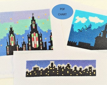 City skylines/scenic/rooftop scenes small Instant digital Download PDF Pattern/chart set of 3