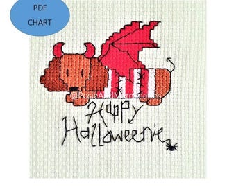 Halloween Dachshund Cross Stitch Pattern: Devil Doxie (PDF Pattern)