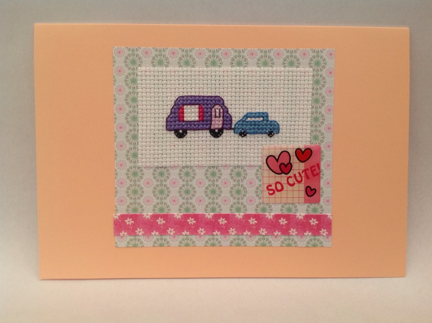 Caravan and car cross stitch card with 'so cute' wording