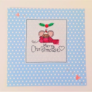 Christmas mouse cross stitch card with&quot;Merry Christmouse&quot; wording