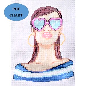 Fashion illustration cross stitch woman in sunglasses Instant digital Download PDF Pattern/chart