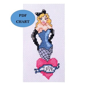 Burlesque años 50 estilo retro pin up girl punto de cruz Descarga digital instantánea PDF Patrón/gráfico