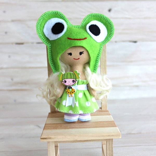 Cloth Doll, frog doll, rag doll, child friendly, doll in green dress, textile doll, blonde doll, pocket doll, gift for Christmas