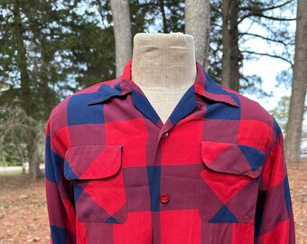 1950s Imperial Red and Navy Blue Gabardine Shirt - Rockabilly Western Style Pearlized Buttons, Classic Casual Look