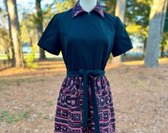 Vintage 1970s Black Quilted House Dress with Ombre Pink Thread Embroidery - Cozy Holiday Chic